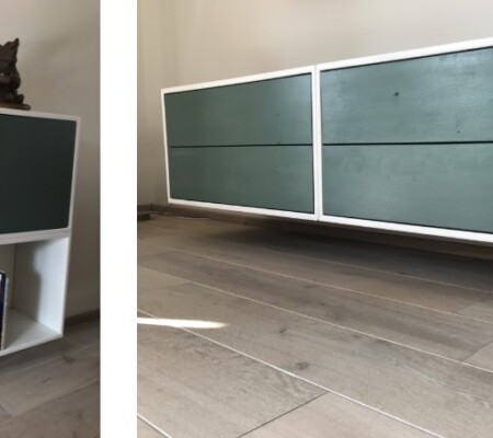 Boeken- en ladenkast hangend - massief vuren - lakbeits 1